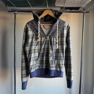 Vintage Womens Plaid Zip Up Pull Over Hoodie with Floral Hood and Beaded Strings